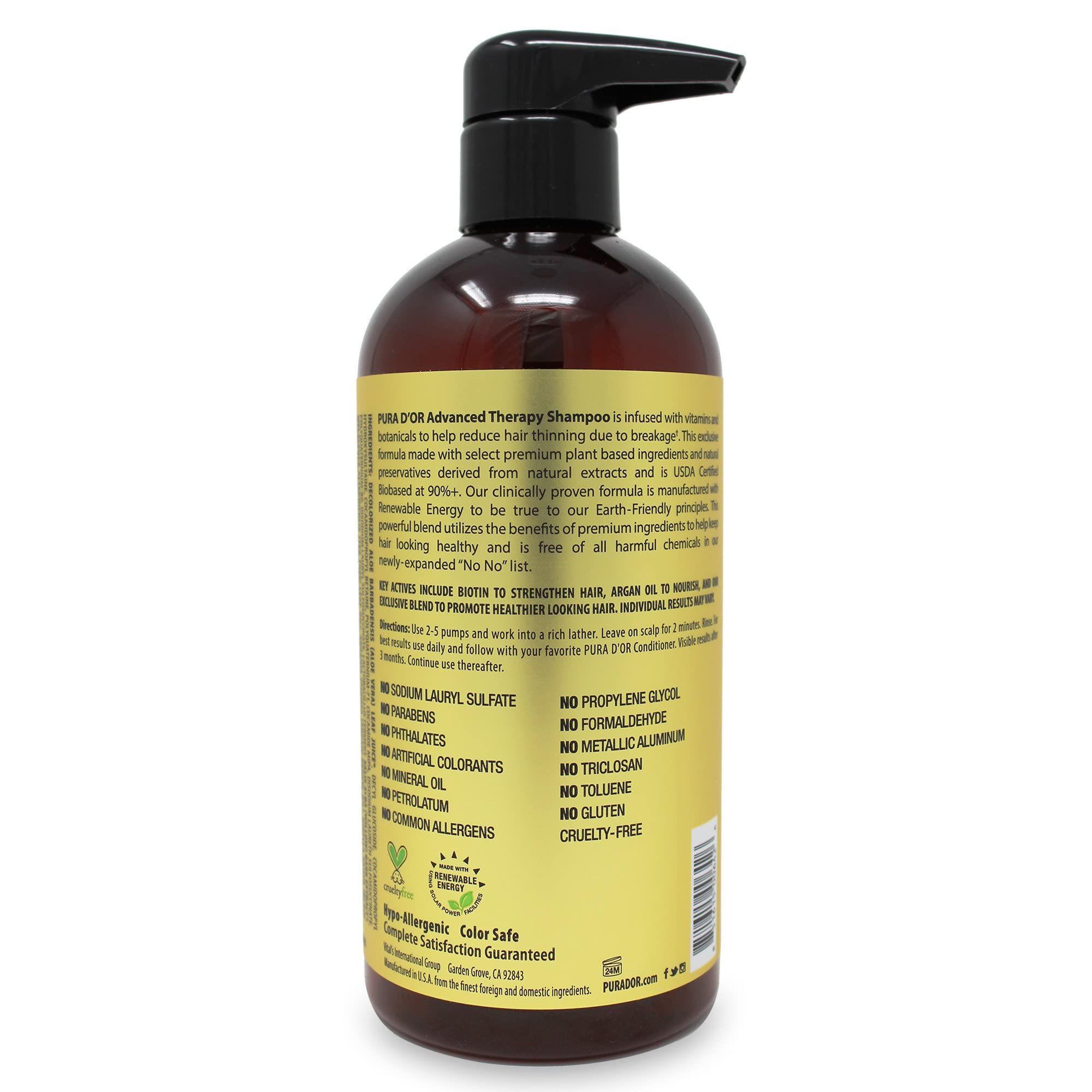PURA D'OR 16 Oz Advanced Therapy Shampoo Reduces Hair Thinning & Increases Volume, No Sulfate, Biotin Shampoo Infused with Argan Oil, Aloe Vera for All Hair Types, Men & Women